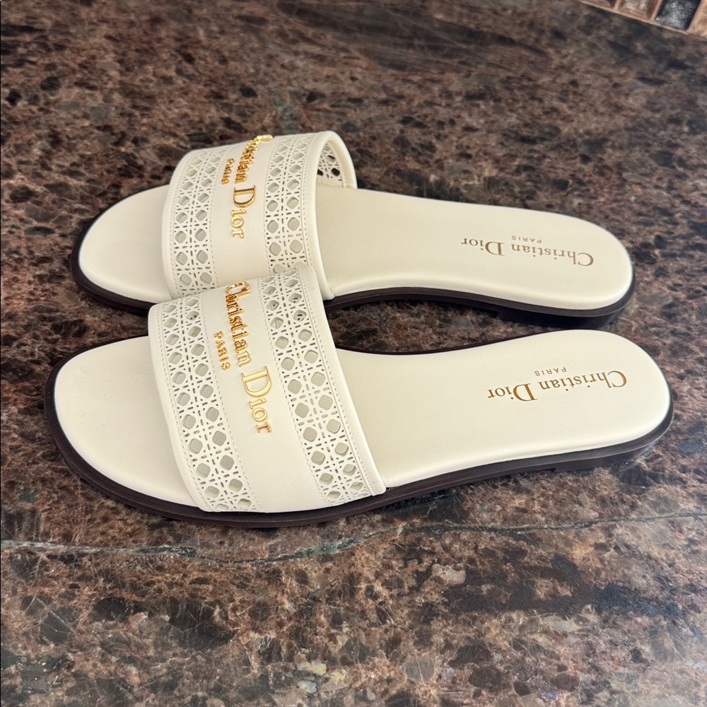 Christian Dior d-lane off white gold logo perforated flats slides sandals sz 38 - Picture 3 of 10